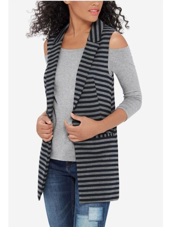 The Limited Sweaters - The Limited Women's Navy Blue/Gray Striped Open Front Long Vest Cardigan Sz XL